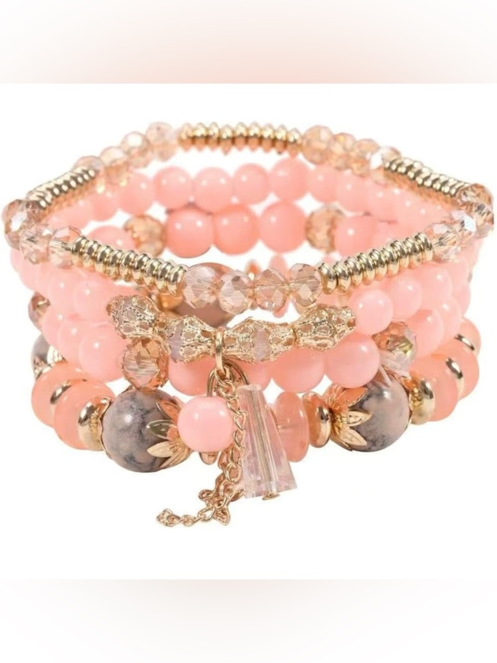 New! Pink/Gold Multi with Charm Beaded Stack Bracelet Set (NWT)